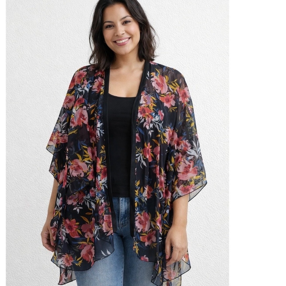 Lane Bryant Black Floral Sheer Kimono with Black Lace Trim Size One Size